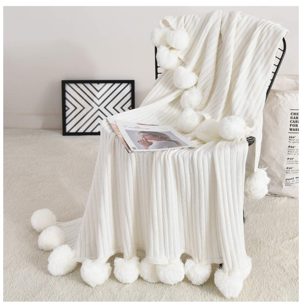 Light Grey Pompom Fringe Chic Cozy Soft Throw Blanket/Cover for Dorm/Living Room - Picture 10 of 11
